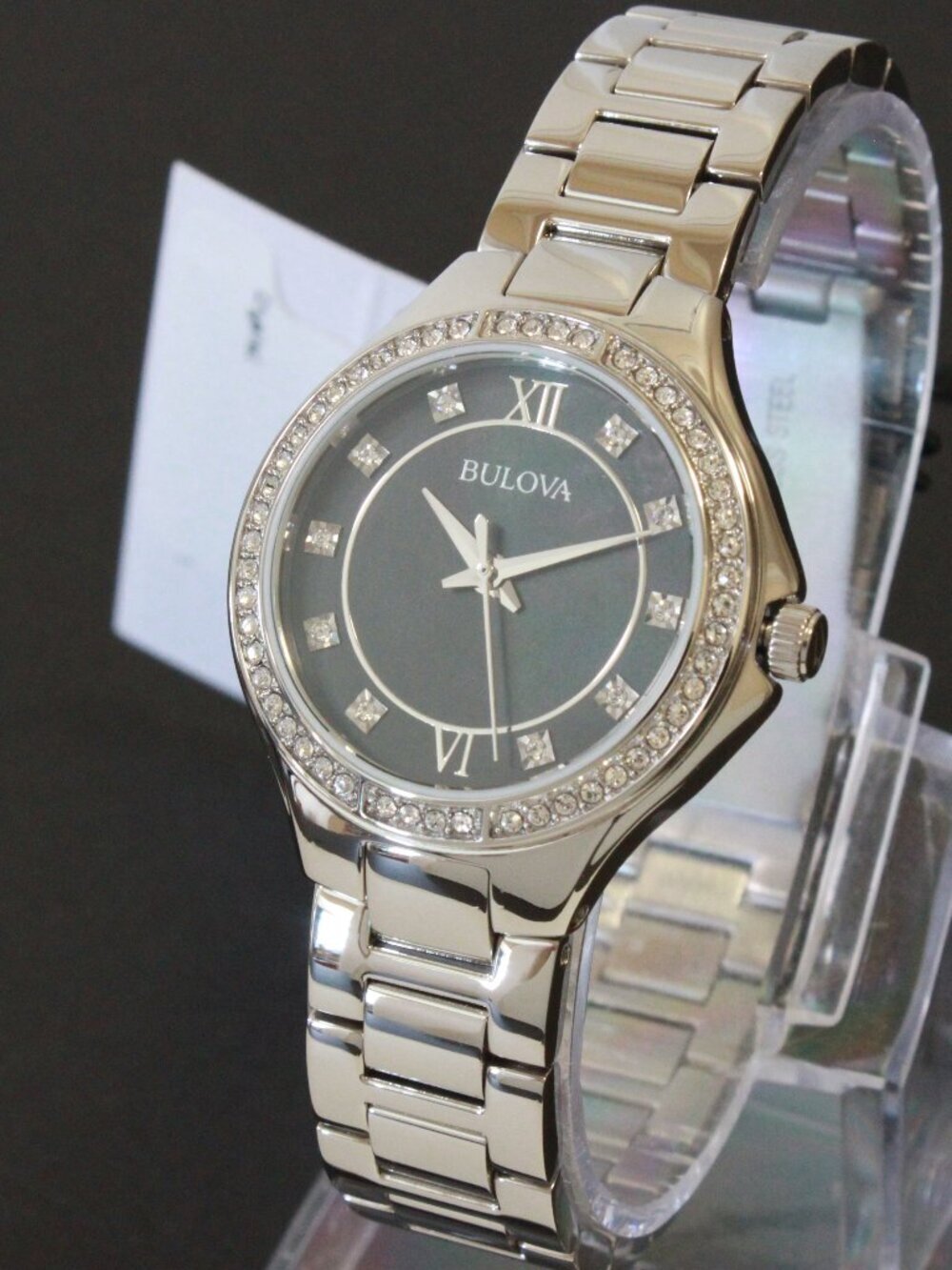 Bulova Classic Quartz Watch Black MOP Dial Crystal Bezel And Indices 30mm - Picture 4 of 13